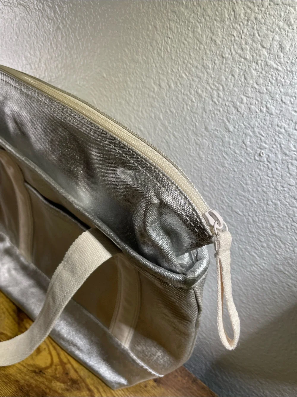 Lands' End Open Top Coated Metallic Canvas Tote - silver classic preppy